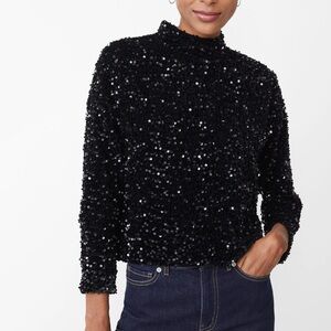 New J.McLaughlin Leeza Black Sequin on Black Velour Mock Neck Long Sleeve Top L